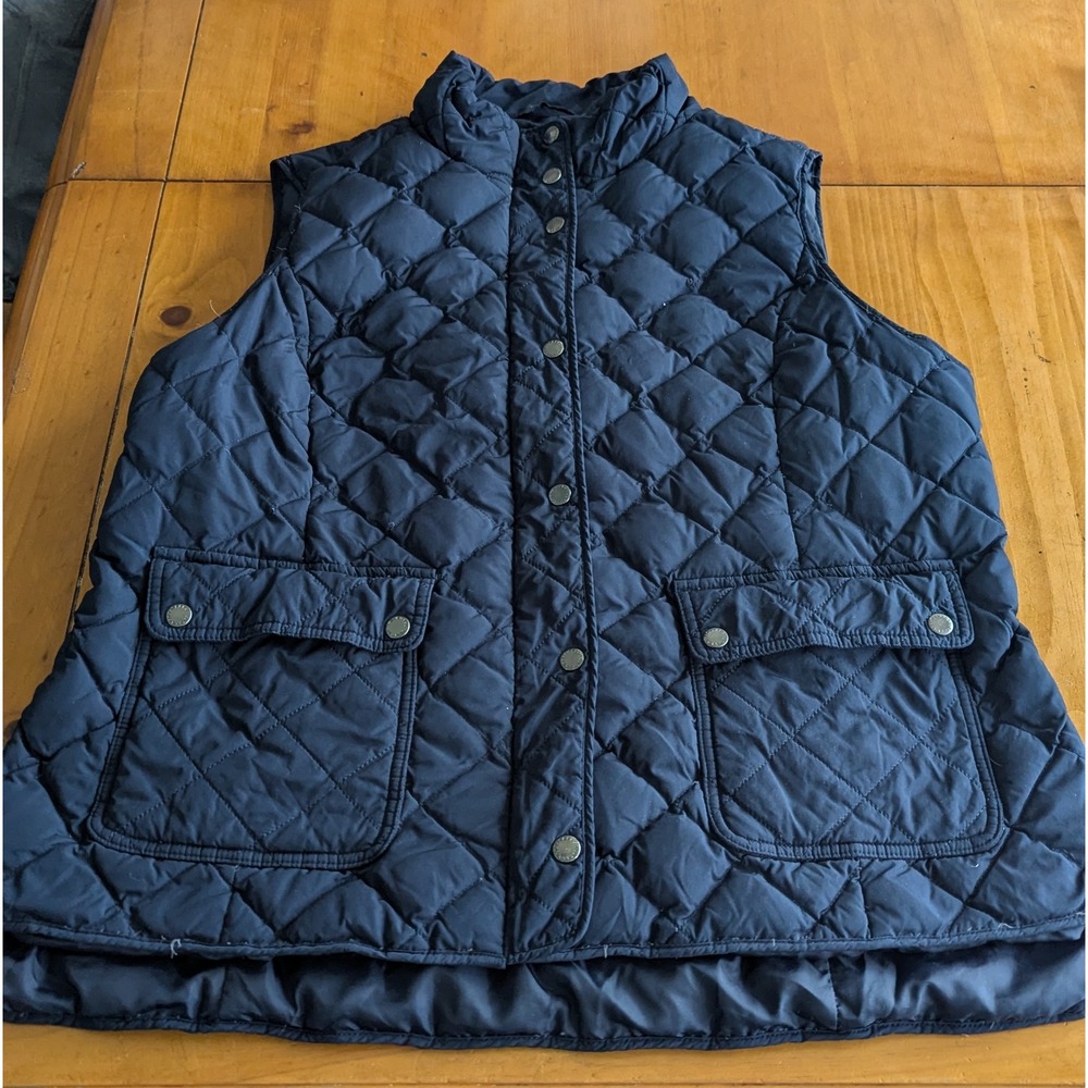 Talbots Plus Navy Blue Diamond Quilted Down Vest Women 1X Snap Zip VN1364 07/24